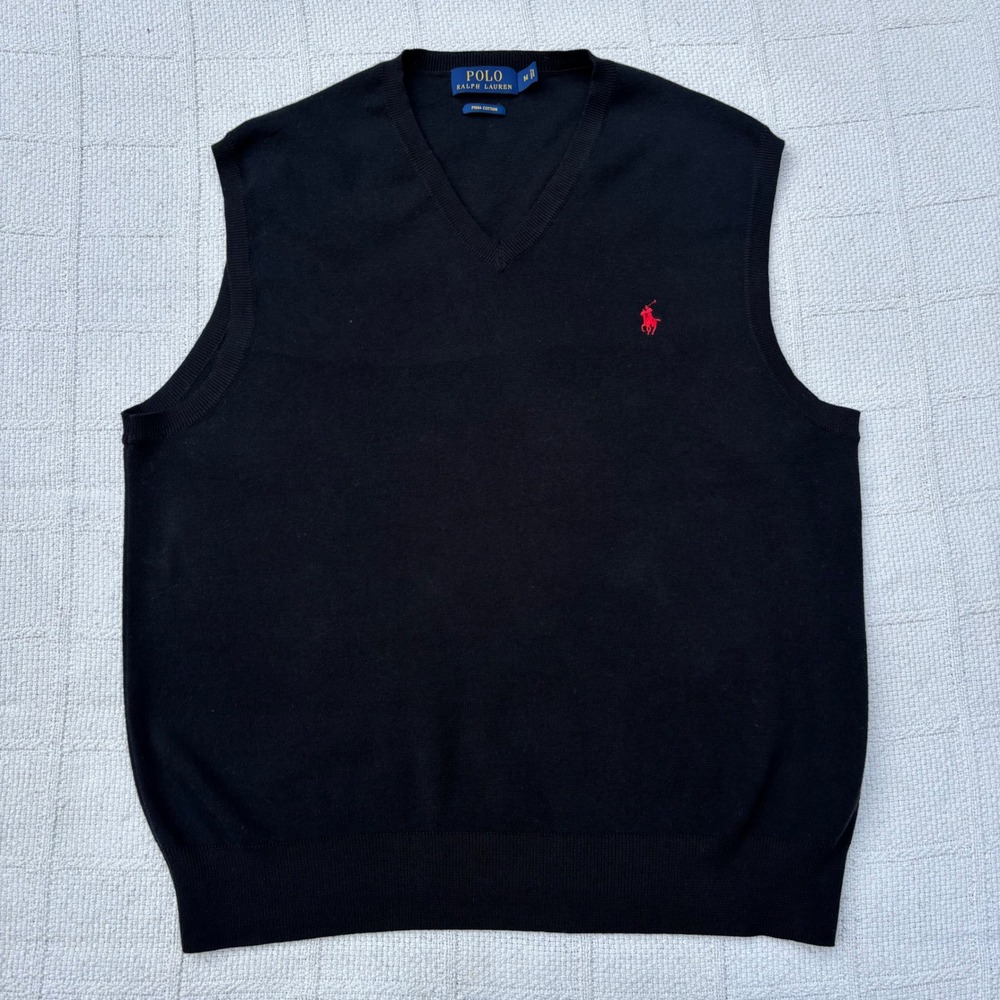 Men's Medium POLO Ralph Lauren Black Red Pima 100% Cotton Casual Sweater Vest